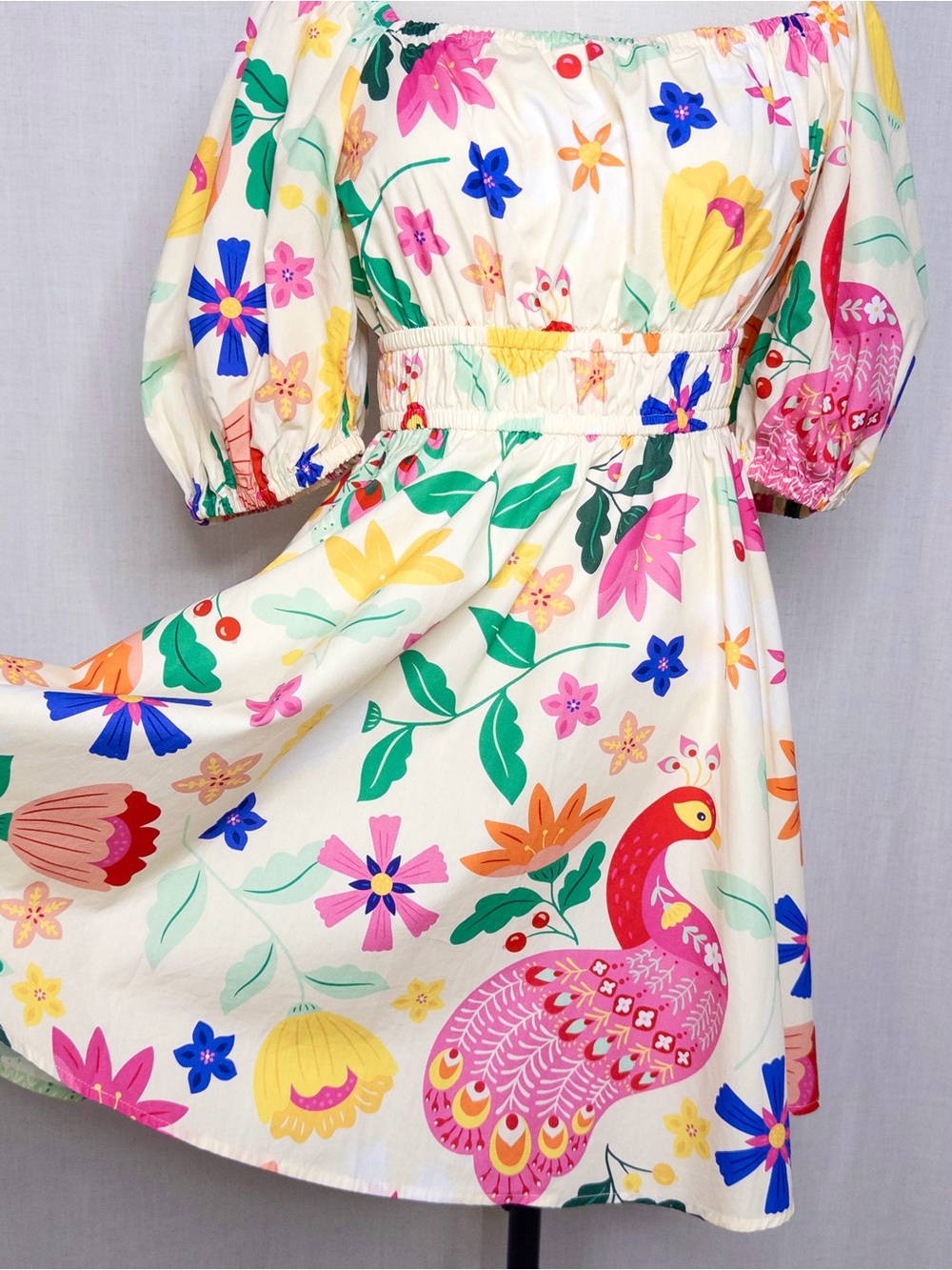 Sincerely Ours Puff Sleeve Resort Mini Dress Tropical Peacock Floral Large - Picture 8 of 15